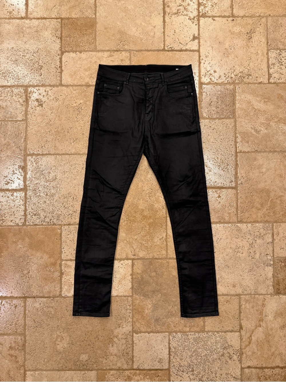 Rick Owen DRKSHDW Detroit Wax Coated Black Denim Jeans